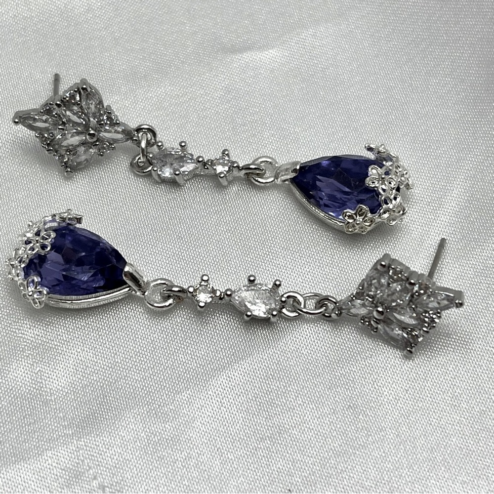 Silver White Rhinestone Blue Glass Handmade Dangle Earrings